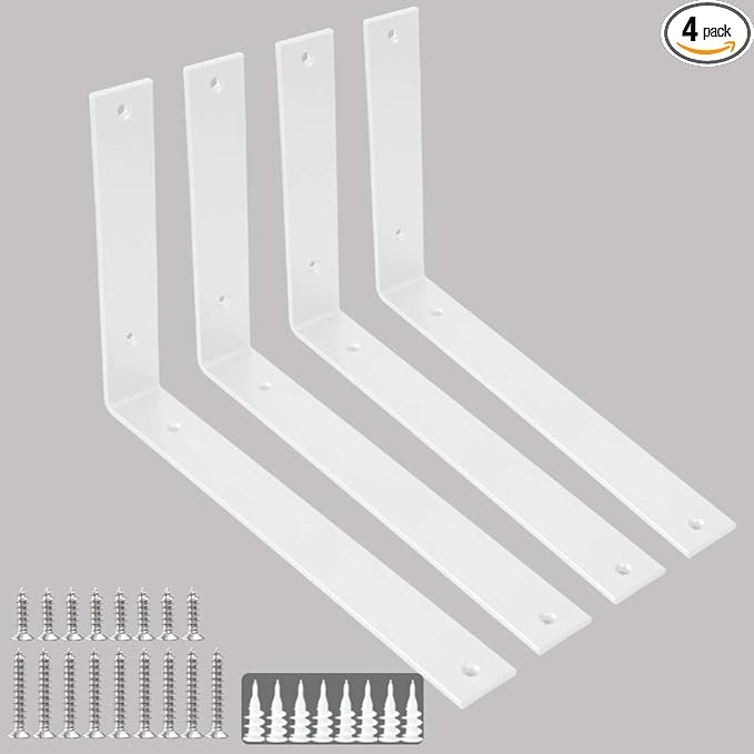 Shelf Brackets 12 Inch Wall L Brackets 4PCS Heavy Duty for Shelves Metal White Rustic Industrial Brackets for DIY Opening Shelves Project Hardware Included