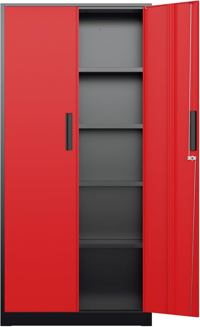 Bonusall 72" Metal Garage Storage Cabinet - 900lbs Heavy Duty Steel Cabinet with 3-Point Locking System & 4 Adjustable Shelves, Lockable Tall Storage for Garage, Office, Warehouse - Black & Red