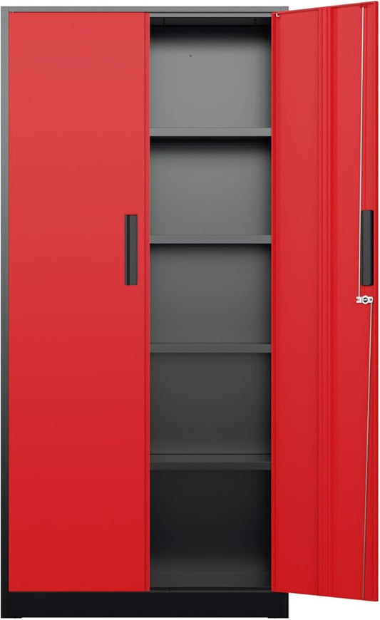 Bonusall 72" Metal Garage Storage Cabinet - 900lbs Heavy Duty Steel Cabinet with 3-Point Locking System & 4 Adjustable Shelves, Lockable Tall Storage for Garage, Office, Warehouse - Black & Red