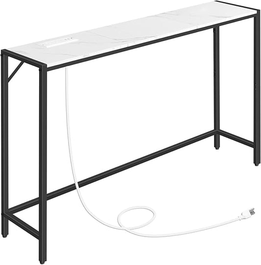 Console Table, Narrow Sofa Table Behind Couch, 43.3” Entrance Table with Power Station, Simple Style, for Living Room, Hallway, Entryway, Foyer, Marble and Black CTHM112E01