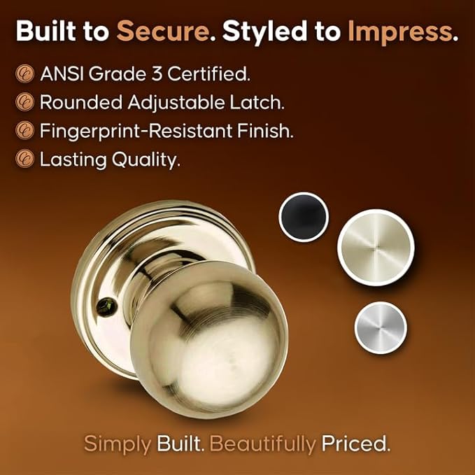 Copper Creek Dummy Interior Door Knob – ANSI Grade-3 Certified, Modern Heavy Duty Handle, Easy Install and Reversible for French Doors & Closets, Non Turning – Polished Brass (1 Pack)