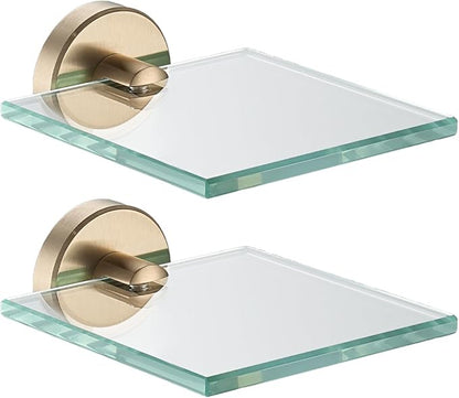 JQK Small Floating Glass Shelves Champagne Bronze, 4 Inch Display Ledges for Wall, Mini Decor, Living Room Bedroom Bathroom, Tempered Glass Shower Storage, 2 Pack, TGS101L4-CB-P2