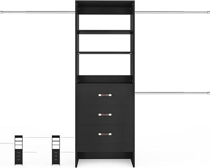 96'' Closet Organizer System with 3 Hanging Rods, 8FT Closet Organizers and Storage with 3 Wooden Drawers, Built in Closet Organizer Systems, Adjustable Walk-in Wardrobe from 5-8FT, Black