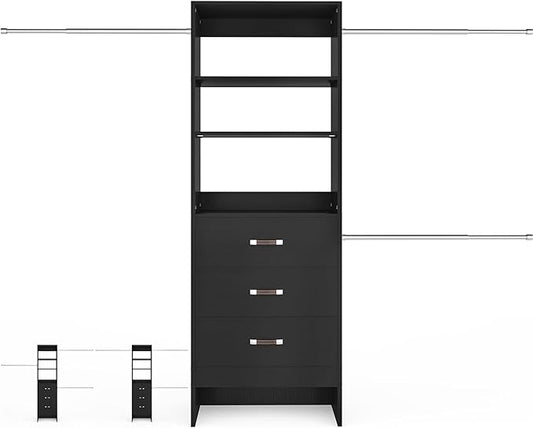 96'' Closet Organizer System with 3 Hanging Rods, 8FT Closet Organizers and Storage with 3 Wooden Drawers, Built in Closet Organizer Systems, Adjustable Walk-in Wardrobe from 5-8FT, Black