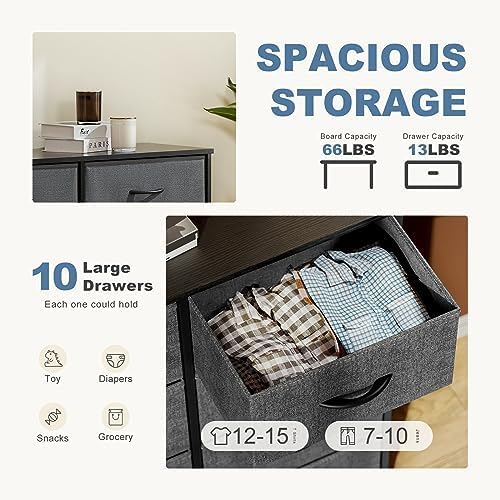 DUMOS Dresser for Bedroom, 10 Storage Drawers, Wide Fabric Closet Chests Organizer Tower Furniture with Wooden Top Metal Frame for Clothes, Guest Room, Living Room, Hallway, Entryway