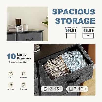DUMOS Dresser for Bedroom, 10 Storage Drawers, Wide Fabric Closet Chests Organizer Tower Furniture with Wooden Top Metal Frame for Clothes, Guest Room, Living Room, Hallway, Entryway