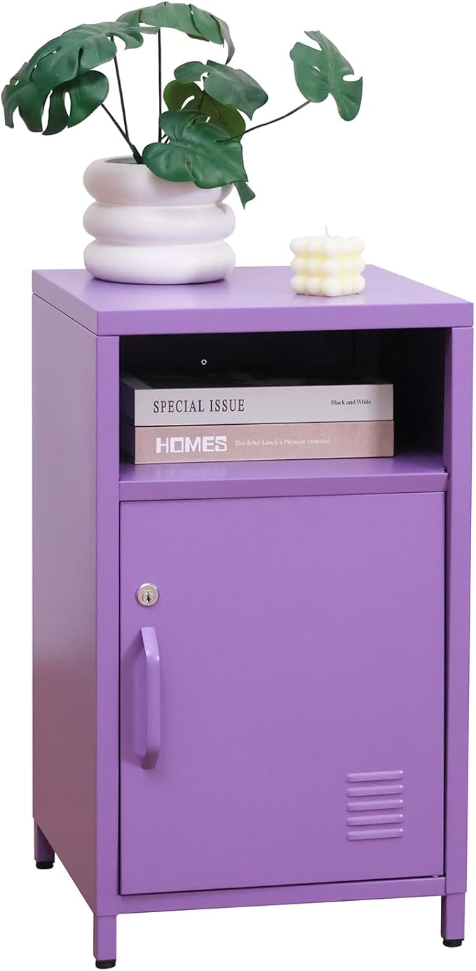 ALBAD Compact Metal Nightstand with Lockable Cabinet and Open Shelf, Modern Bedside Table, Versatile Side Table for Bedroom, Living Room, or Office (Purple, 26" H-Lockable Door)