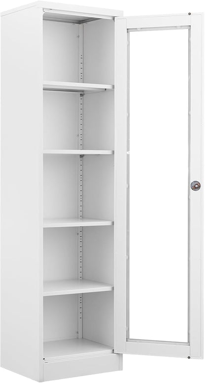 Display Storage Cabinet with Glass Doors, 65 Inches Metal Curio Cabinets with 4 Adjustable Shelves, HD Tempered Glass Cabinet Display Case for Home, Office, Pantry, Assemble Required (White)