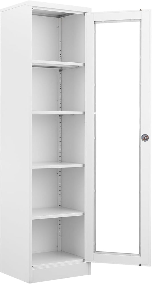 Display Storage Cabinet with Glass Doors, 65 Inches Metal Curio Cabinets with 4 Adjustable Shelves, HD Tempered Glass Cabinet Display Case for Home, Office, Pantry, Assemble Required (White)