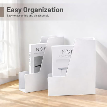 Vertical Magazine File Holder, Desk Organizer and Storage for Magazines, Binders, Notebooks, Envelopes, Multi-Purpose Desktop File Organizer for Home, Office & Classroom, 4 Pack, White