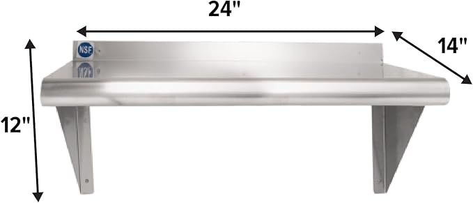 NSF Certified 18 Gauge Heavy Duty Stainless Steel Wall Shelf with Brackets for Kitchens, Utility Rooms, Storage, Offices & Home (24"x14")