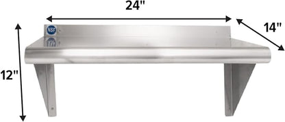 NSF Certified 18 Gauge Heavy Duty Stainless Steel Wall Shelf with Brackets for Kitchens, Utility Rooms, Storage, Offices & Home (24"x14")