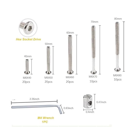 160pcs Baby Bed Crib Screws Hardware Replacement Kit- M6x40mm/ 50mm/ 60mm/ 70mm/ 80mm Hex Drive Socket Cap Screws Barrel Nuts Assortment Kit for Beds Headboards Chairs Furniture.