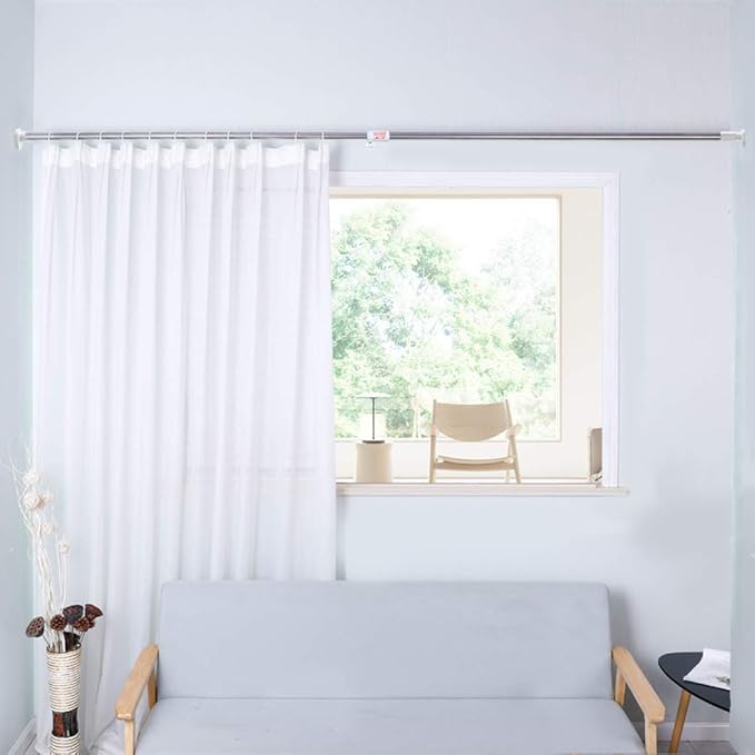 BAOYOUNI Adjustable Shower Window Curtain Tension Rod Oval Head Decorative Straight Closet Wardrobe Rail Pole Bar Clothes Hanger for Bathroom Kitchen Balcony, Ivory, 43.11-64.17 Inches