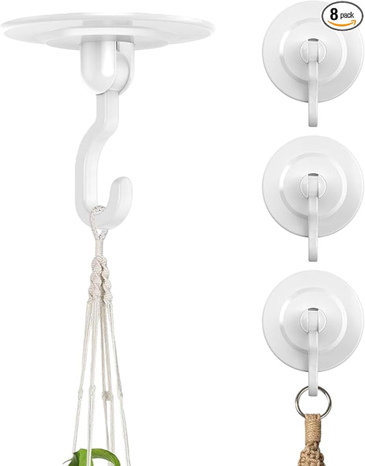Adhesive Wall & Ceiling Decor Hooks: 8-Pack 3 lbs Heavy Duty No-Drill 360° Swivel Adjustable for Hanging Home Accents Lights Plants Wind Chimes Compatible with 3M Command Strips