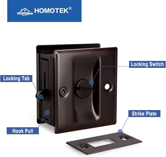 HOMOTEK 2 Pack Privacy Pocket Door Lock Hardware with Pull - Replace Old Or Damaged Sliding Door Locks Quickly and Easily, 2-3/4”x2-1/2”, for 1-3/8” Thickness Door, Oil Rubbed Bronze