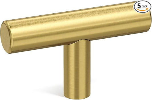 Goldenwarm 5Pack Single Hole Gold Cabinet Knobs and Pulls Door Cupboards Drawers Bedroom Furniture Handles 2 Inch Overall Length Brushed Brass