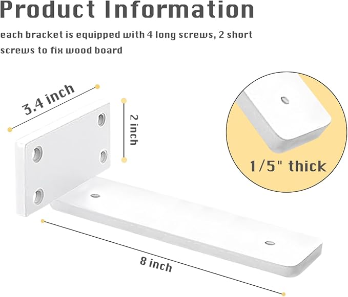 8 Pack Shelf Brackets White 8 Inch Floating Shelf Bracket 1/5 inch Thick Heavy Duty Hidden Shelf Brackets Iron Metal Brackets for Shelf Support with Screw Included