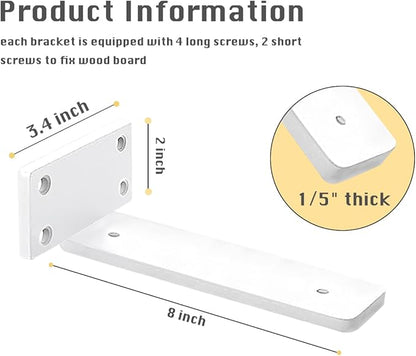 8 Pack Shelf Brackets White 8 Inch Floating Shelf Bracket 1/5 inch Thick Heavy Duty Hidden Shelf Brackets Iron Metal Brackets for Shelf Support with Screw Included