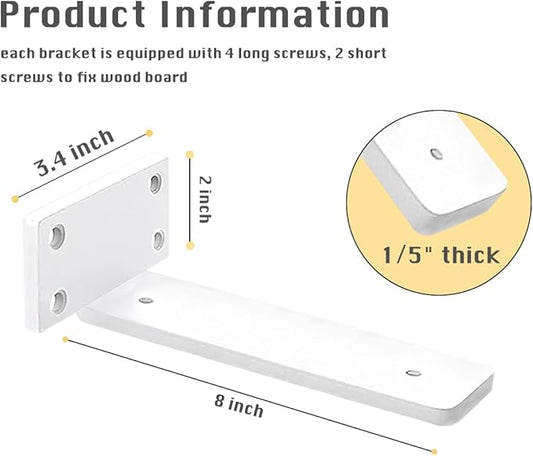 8 Pack Shelf Brackets White 8 Inch Floating Shelf Bracket 1/5 inch Thick Heavy Duty Hidden Shelf Brackets Iron Metal Brackets for Shelf Support with Screw Included