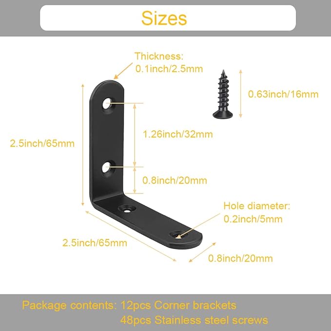 12Pcs Black Corner Brace L Brackets Stainless Steel 2.5 Inch Heavy Duty Shelf Bracket for Wood, Shelves, Wall Hanging Support 90 Degree Joint Right Angle Brackets with Screws