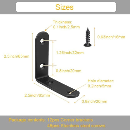 12Pcs Black Corner Brace L Brackets Stainless Steel 2.5 Inch Heavy Duty Shelf Bracket for Wood, Shelves, Wall Hanging Support 90 Degree Joint Right Angle Brackets with Screws