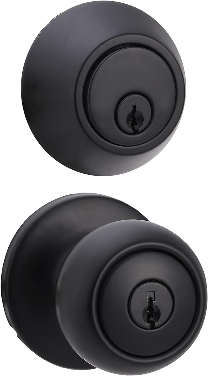 Amazon Basics Exterior Door Knob With Key Lock and Deadbolt, Keyed Alike, Coastal, Matte Black