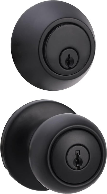 Amazon Basics Exterior Door Knob With Key Lock and Deadbolt, Keyed Alike, Coastal, Matte Black
