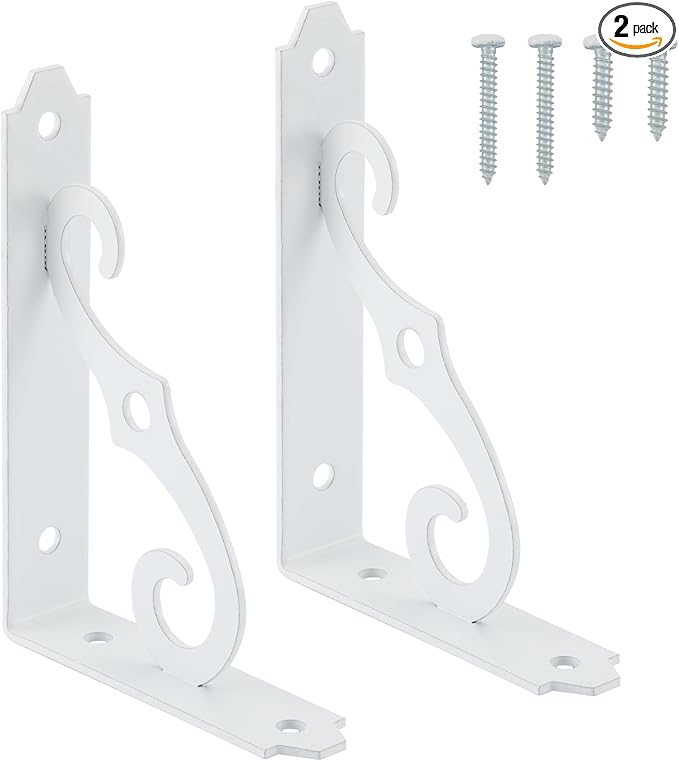HOME MASTER HARDWARE Decorative Shelf Brackets 5x3-1/2 in Wall Mounted Floating Shelf Bracket L Heavy Duty Support Corner Brace Joint Right Angle Bracket for DIY Open Shelving with Screws White 2 Pcs