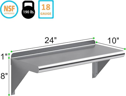 NSF Certified 18 Gauge Heavy Duty Stainless Steel Wall Shelf with Brackets for Kitchens, Utility Rooms, Storage, Offices & Home (24"x10")