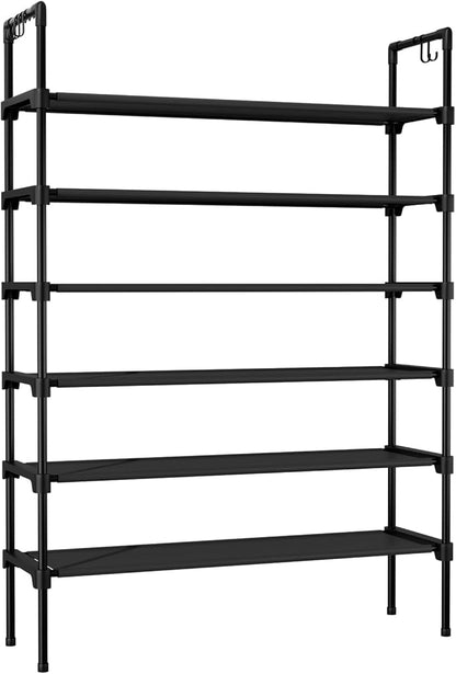 6 Tier Shoe Rack for Closet Shoe Organizer with 5 Hooks, Long Shoe Shelf Storage for Shoe and Boot Stackable Free Standing Shoe Rack for Entryway, Garage, Small Spaces, Dorm, Black