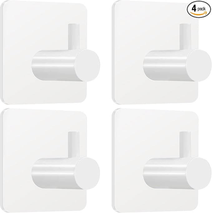 White Adhesive Towel Hooks: 15LB Heavy Duty Wall Hooks Stick on Shower Hooks for Bathroom Kitchen Door-4Packs