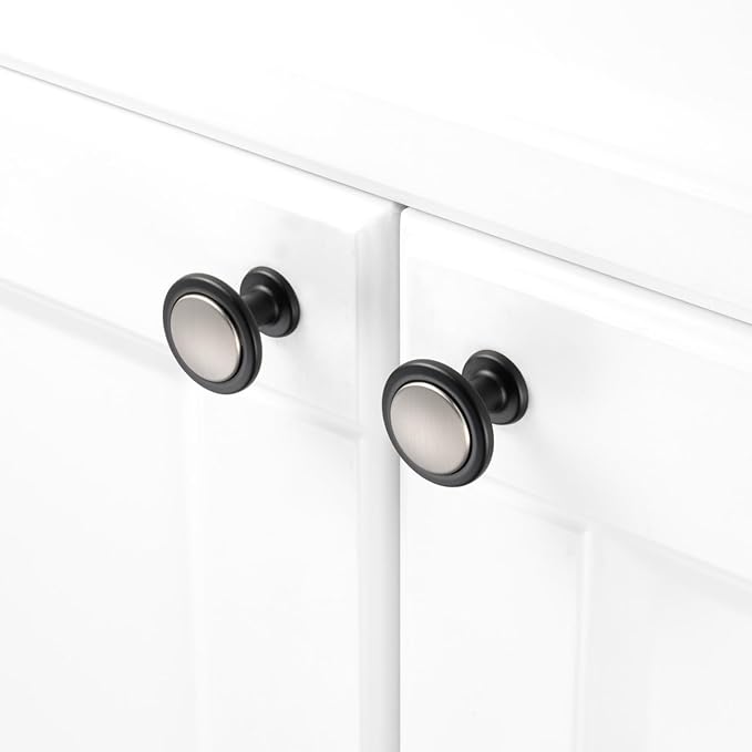 KOOFIZO 10 Pack Nickel and Black Kitchen Cabinet Knobs Brushed Silver and Black Drawer Knobs 1960 Round Single Hole Cabinet Pulls for Cabinets Drawers Dresser Cupboard Bedroom Bathroom