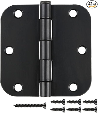 42 Pack Matte Black Door Hinges 3.5 x 3.5 Inch 5/8" Radius, Interior Heavy-Duty Rounded Hinge for Doors Standard Bedroom Office Door Hardware Removable Pin,RV,Garage,Storage Shed,Livestock Facilities
