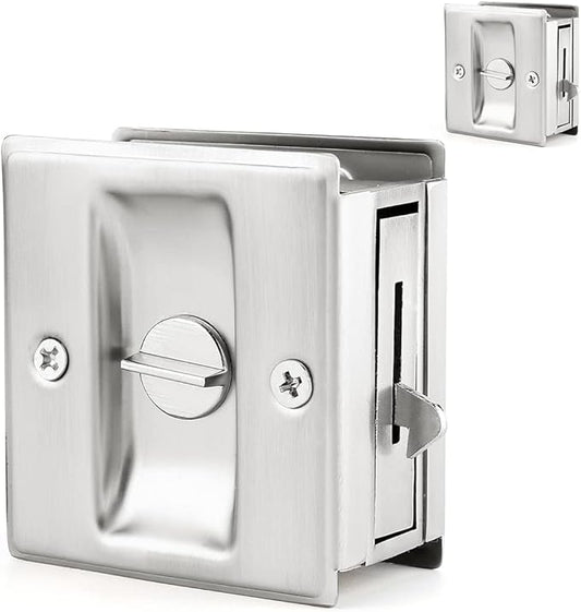 HOMOTEK 2 Pack Privacy Pocket Door Lock Hardware with Pull - Replace Old Or Damaged Sliding Door Locks Quickly and Easily, 2-3/4”x2-1/2”, for 1-3/8” Thickness Door, Brushed Nickel
