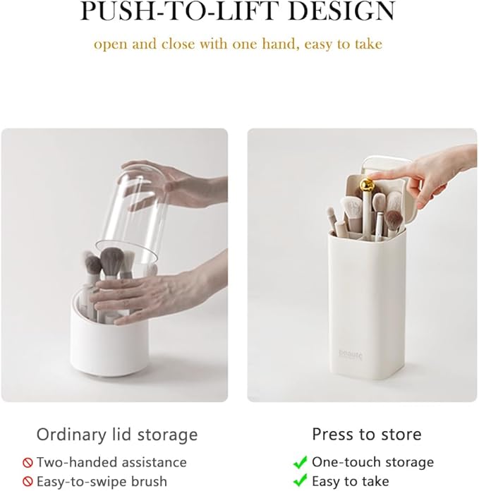 Makeup Brush Holder with Lid, Push Pop-Up Makeup Brush Organizer,4 Slots Makeup Cosmetics Organizerfor Vanity Decor, Bathroom Countertop ,Large Capcity, Dustproof,Waterproof | White and Gold
