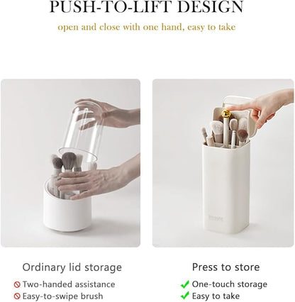 Makeup Brush Holder with Lid, Push Pop-Up Makeup Brush Organizer,4 Slots Makeup Cosmetics Organizerfor Vanity Decor, Bathroom Countertop ,Large Capcity, Dustproof,Waterproof | White and Gold