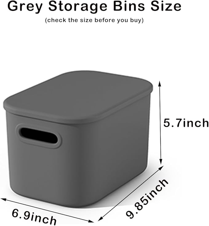 8 Pack Dark Grey Storage Bins with Lids Stackable Storage Container for Organizing, Storage Boxes with Handle for Shelves, Cute Organizer Bins for Craft, Snacks, 9.85x6.9x5.7 inch
