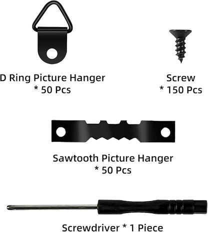 251Pcs Picture Hanging Kit, Include 50 Sawtooth Picture Hangers, 50 D Rings, 150 Screws and Screwdriver, Heavy Duty Picture Frame Hanging Hardware for Wall Artworks Frame Canvas Mounting