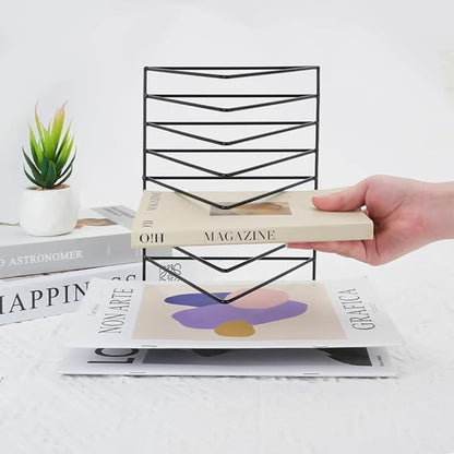4Pcs Triangle File Holder, 9 Slot Black Magazine Holder, Metal Vinyl Record Storage Stand, Desktop File Organizer Magazine Rack, Bookshelf Organizer for Office Home, Letter Book