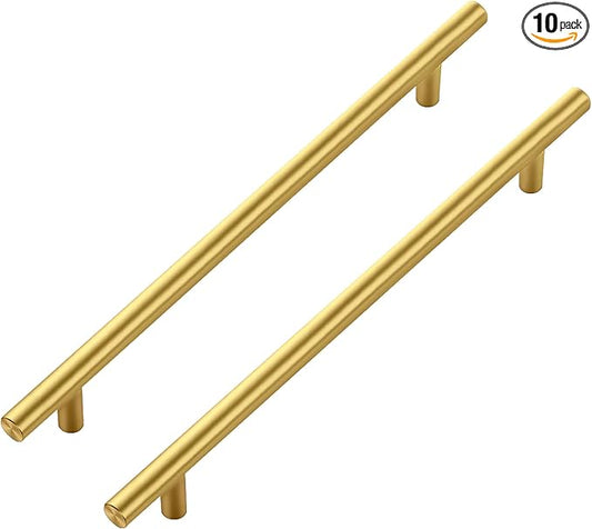 JOY DECOR 10 Pack Cabinet Handles, Gold Cabinet Pulls, 8-3/4 in Hole Center Kitchen Cabinet Handles, Stainless Steel T Bar Handles for Dresser Drawers
