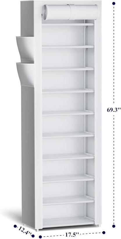 Kitsure Shoe Rack - 10-Tier Large Capacity Shoe Organizer Shelf with Dust Cover & Side Pockets, Rust-Proof Metal Shoe Rack for Closet, Entrance, Living Room, 17.5" x 12.4" x 69.3", White