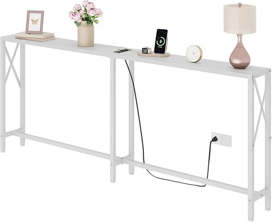 70 in Skinny Sofa Table Behind Couch, Console Table with Oulets & USB Ports for Hallway, Entryway,Living Room, Bedroom, White
