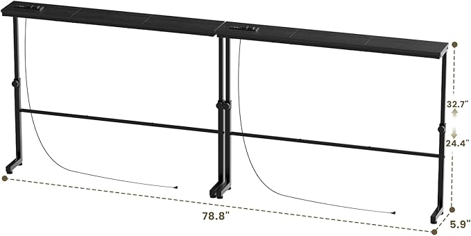 Aduanbang Adjustable Height Narrow Console Table with 2 Power Outlets, 78.8" Long x 5.9" Wide, Slim Behind Sofa Table, Black – Ideal for Living Room, Entryway, or Hallway