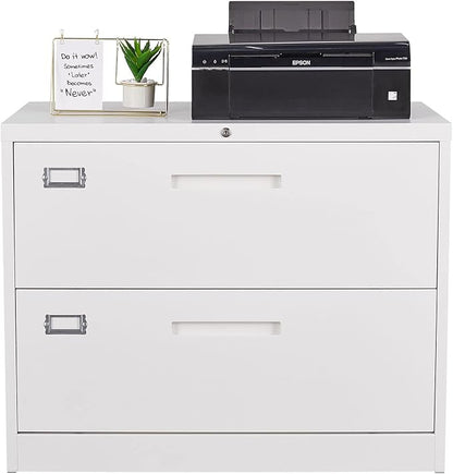 MIIIKO 2 Drawer Lateral File Cabinet with Lock, White Filing Cabinet for Home Office, Two Drawer Metal File Cabinet for Hanging Files Folders Letter/Legal/F4/A4 Size