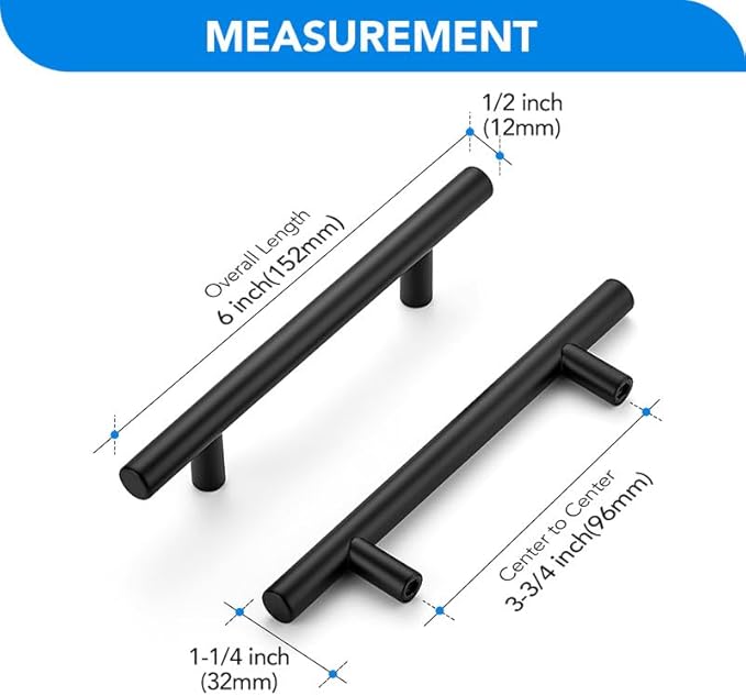 Black Cabinet Handles 3-3/4 Inch Hole Spacing Stainless Steel Drawer Pulls for Cabinets, Dresser, Bathroom 10 Pack