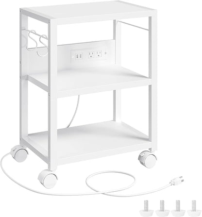 Industrial Printer Cart, 3-Tier Mobile Printer Stand, Rolling Cart with 2 AC Outlets and 2 USB Ports, Home Printer Stand with 2 Hooks, for Office, Living Room, White PTWT40E01