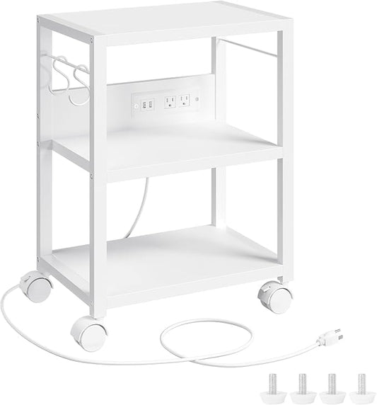 Industrial Printer Cart, 3-Tier Mobile Printer Stand, Rolling Cart with 2 AC Outlets and 2 USB Ports, Home Printer Stand with 2 Hooks, for Office, Living Room, White PTWT40E01