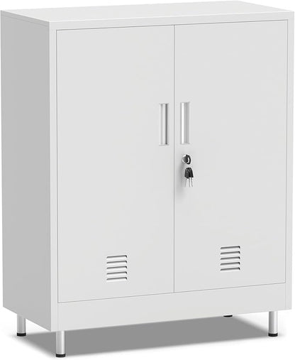 Metal Storage Cabinet with Locking Doors and 2 Adjustable Shelves, Lockable Storage Cabinet for Home Office Garage Pantry Living Room (White)