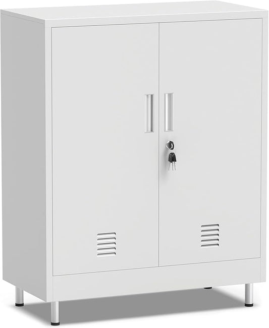 Metal Storage Cabinet with Locking Doors and 2 Adjustable Shelves, Lockable Storage Cabinet for Home Office Garage Pantry Living Room (White)